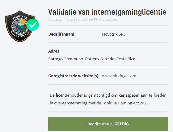 Bitkingz Casino validatie van de Tobique Gaming-licentie voor Novatrix SRL met een geldige bedrijfsstatus